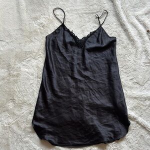 Secret Treasures Vintage Black Satin Slip Dress – Size Medium | Lace Trim |
